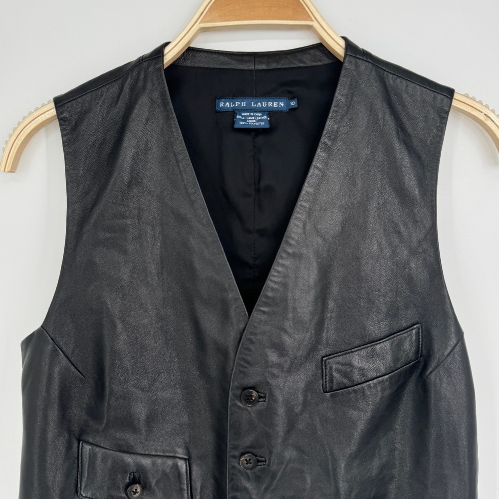 Vintage Ralph Lauren Lamb Leather Vest Size 10 Black Biker Moto Goth Edgy Grunge - Picture 2 of 8